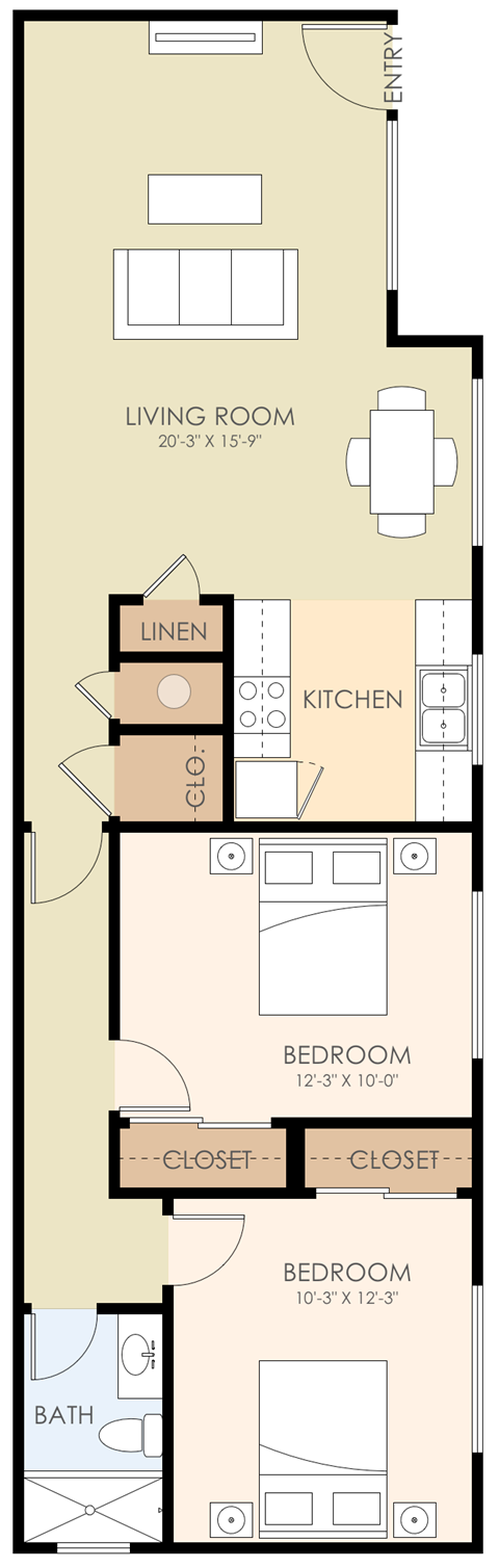 Two Bedroom One Bath Floor Plan 700 to 800 Sq.Ft. at Verandas, Menlo Park, CA